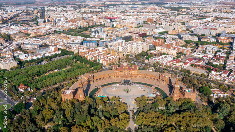 Aerial view of the Spanish city of Seville in the Andalusia region on river Guadaquivir overlooking Plaza de Espana and Parque Maria Luisa