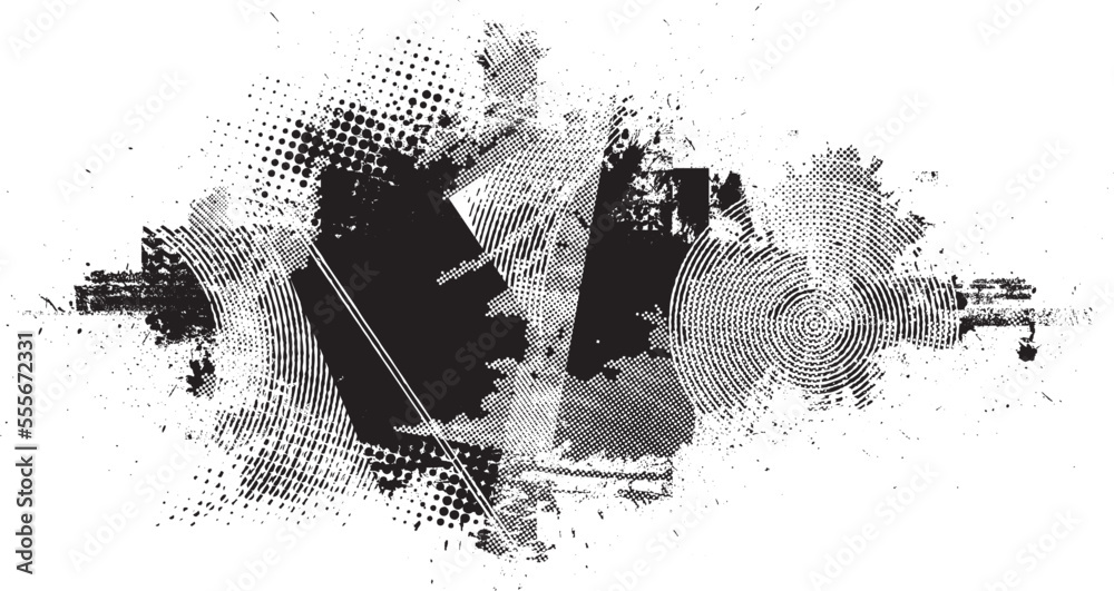 Glitch distorted grunge layer  . Noise destroyed texture . Trendy defect error shapes . Overlay grunge texture . Distressed effect .Vector shapes with a halftone dots screen print texture. - obrazy, fototapety, plakaty 