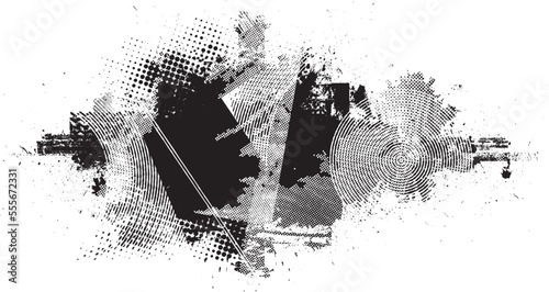 Glitch distorted grunge layer  . Noise destroyed texture . Trendy defect error shapes . Overlay grunge texture . Distressed effect .Vector shapes with a halftone dots screen print texture. photo
