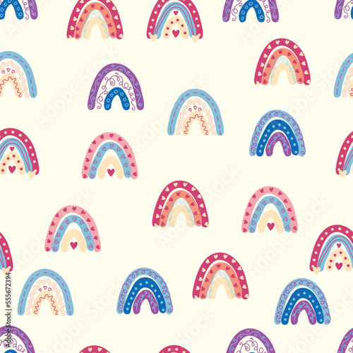 Rainbow seamless pattern in pastel colors. Scandinavian baby hand drawn illustration for textiles and newborn clothes.