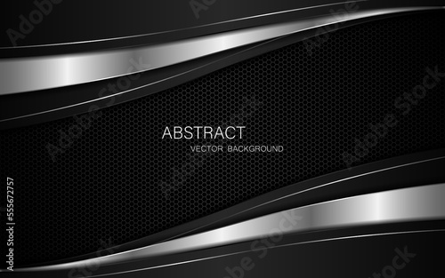 Abstract black and silver curves with silver lines on dark steel mesh background. with free space for design. modern technology innovation concept background	