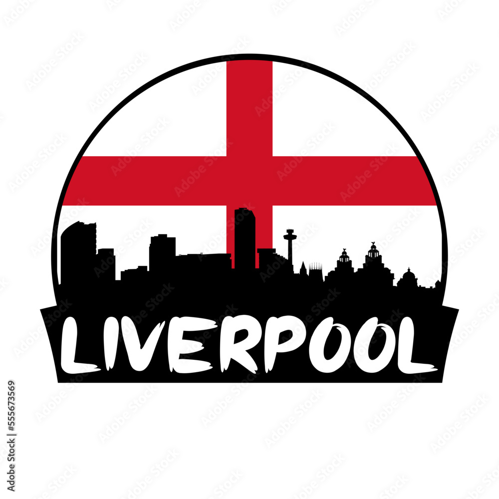 Liverpool England Flag Skyline Silhouette Retro Vintage Sunset Liverpool Lover Travel Souvenir Sticker Vector Illustration SVG EPS