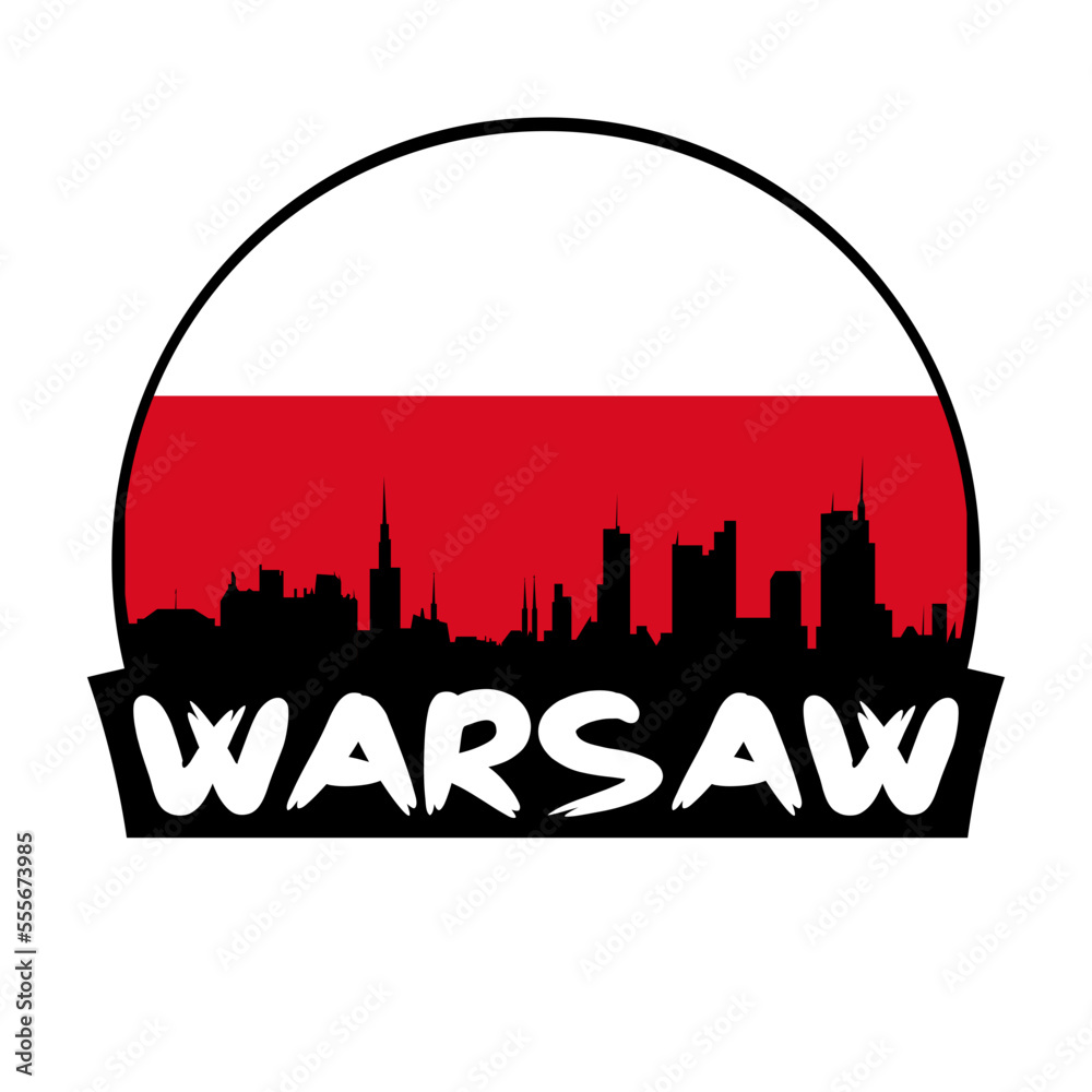 Warsaw Poland Flag Skyline Silhouette Retro Vintage Sunset Warsaw Lover Travel Souvenir Sticker Vector Illustration SVG EPS