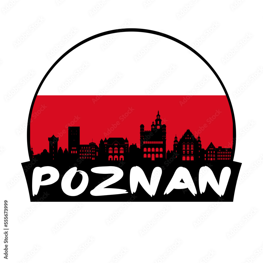 Poznan Poland Flag Skyline Silhouette Retro Vintage Sunset Poznan Lover Travel Souvenir Sticker Vector Illustration SVG EPS
