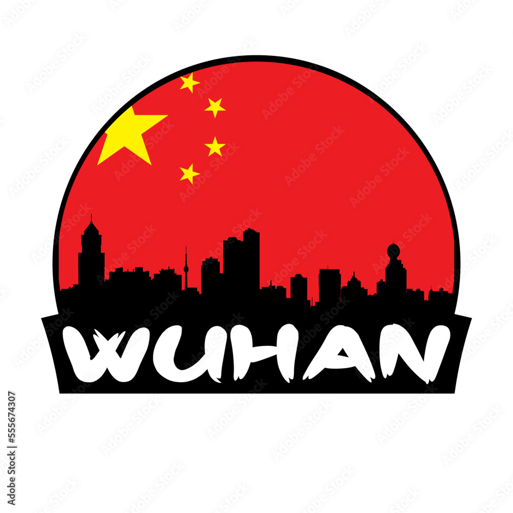 Wuhan China Flag Skyline Silhouette Retro Vintage Sunset Wuhan Lover Travel Souvenir Sticker Vector Illustration SVG EPS