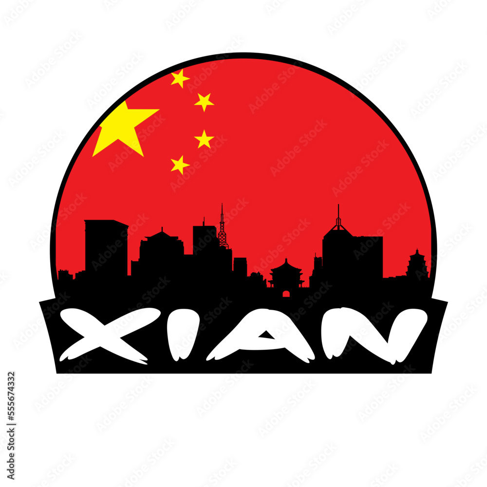 Xian China Flag Skyline Silhouette Retro Vintage Sunset Xian Lover Travel Souvenir Sticker Vector Illustration SVG EPS