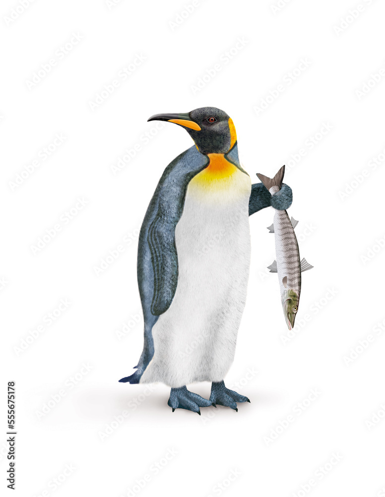 Fototapeta premium manchot royal, poisson, barracuda à la mainmain, pêché, oiseau, animal, antarctique, faune, froid, nature, empereur, blanc, neige, roi, hiver, frigide, arctique, joli