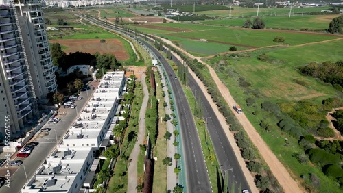 4k Drone Video- Rehovot Eastern Boardwalk and the last remains of the  old historical orange fruit orchards and vast agricultural open fields on the Eastern outskirts of the city of Rehovot- Israel