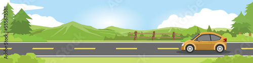 Happy family  car for banner. Car sedan for travel.  Asphalt road near the green grass and mountain under clear sky for winter travel. Copy Space Flat Vector. © thongchainak