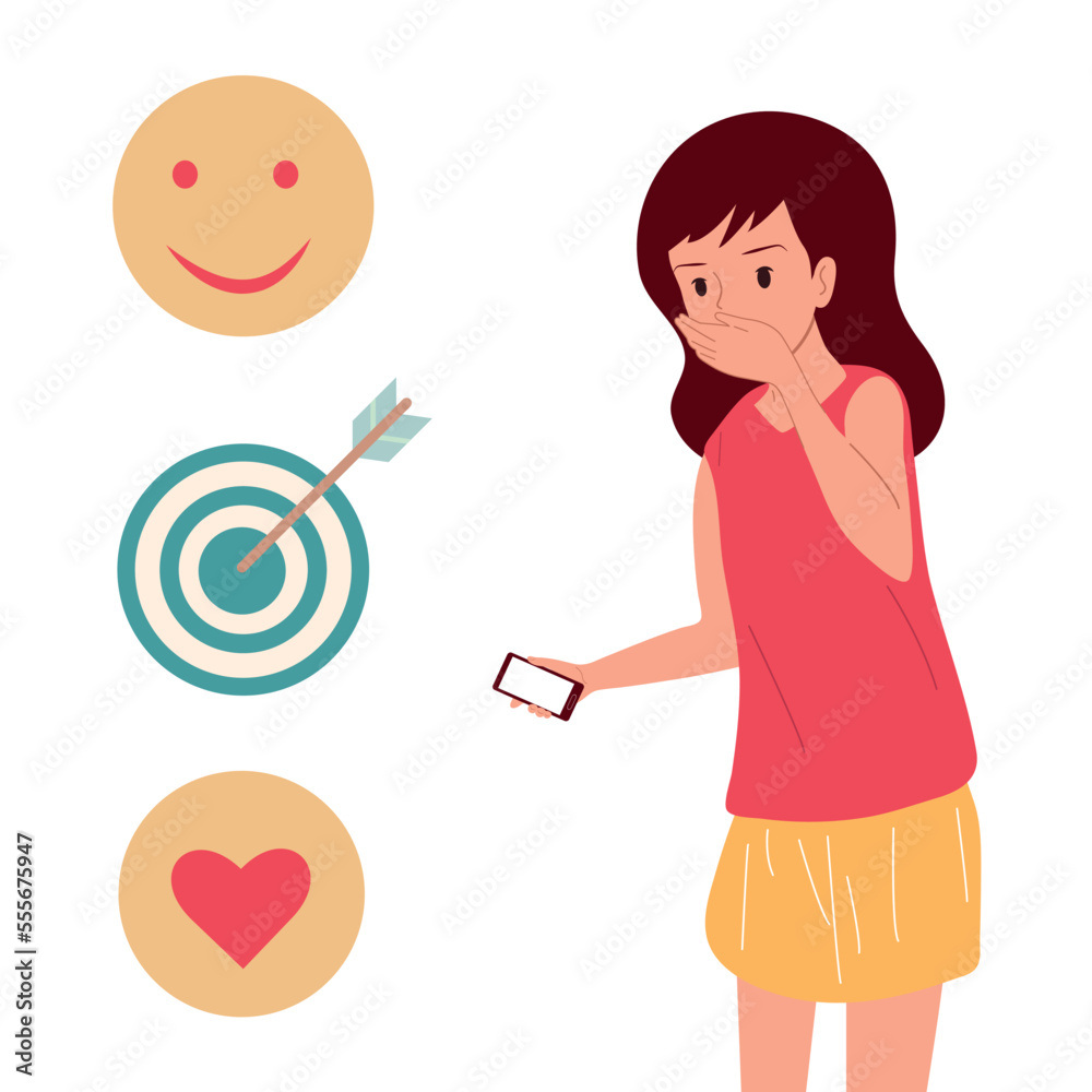 The girl holds a smartphone in her hand. Emotions. Vector. The girl holds a smartphone in her hand. Emotions. Vector.