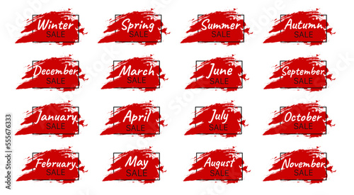 Set of red sale labels tags badges April January, March, Winter, Spring, February, May, June, October November, 4 seasons. All months sale template banner shopping badges, Special offer, discount sale