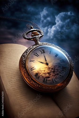 Old pocket watch on bible book. Passing of time concept. Clouds and sky. Fantasy scene. Generative ai photo