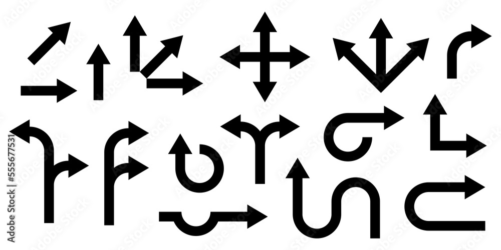 Black arrow collection. Arrow icon set. Arrows in different directions isolated. Bended, turning, zig-zag, crossroads arrow sign.