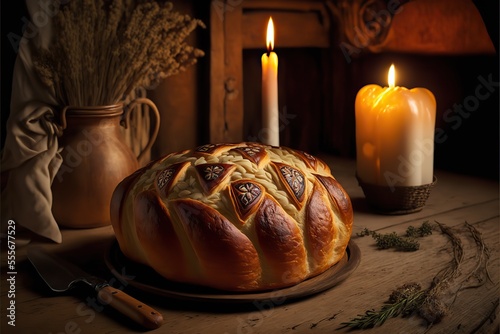 Serbian Orthodox Christmas eve, table set up, bread and candle. Česnica bread. Generative ai.  
