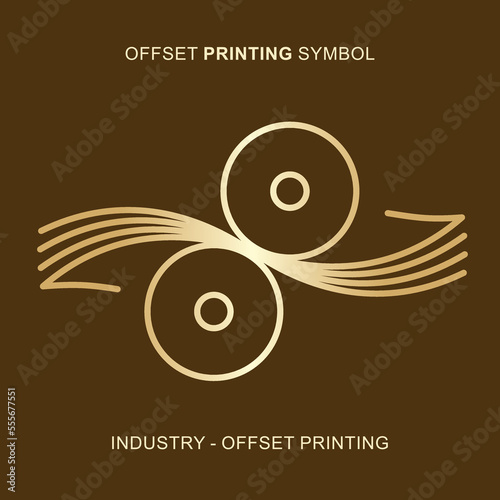 Stylised offset printing symbol with cylinders and paper sheets.