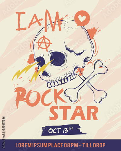 Rockstar Skull Poster Music Concert with Vintage Style Illustration 