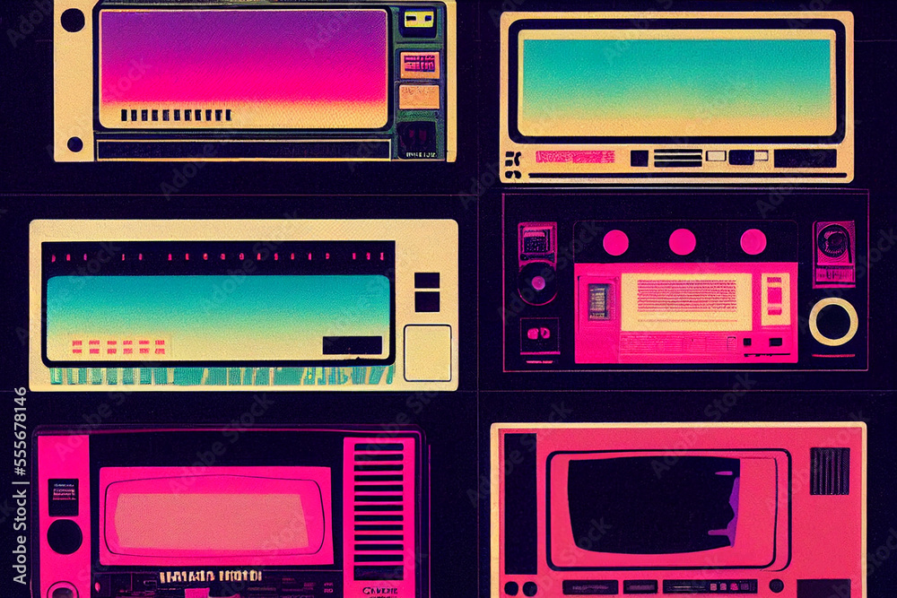 Radio tape recorder in retrowave 80s style, vibrant colors, music technology, cassette player, generative ai Radio tape recorder in retrowave 80s style, vibrant colors, music technology, cassette player, generative ai