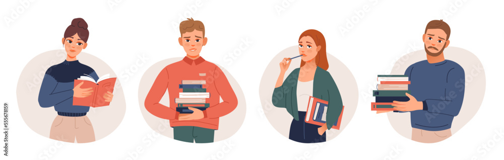 Bookcrossing concept. Reading people with books. Readers swap literature. Education and knowledge concept. Flat vector illustration. Bookcrossing concept. Reading people with books. Readers swap literature. Education and knowledge concept. Flat vector illustration.