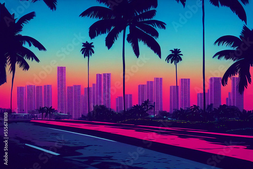 Road with palm trees and skyline with skyscrapers, 80s retrowave style, summer holiday feeling, vibrant colours, generative ai 