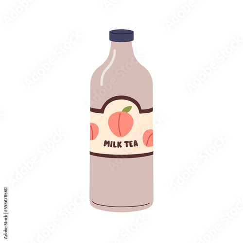 Milk tea, cold cooling beverage in bottle. Fresh sweet fruit liquid in closed...