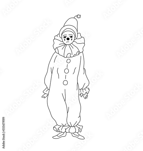 Vector isolated one sad clown in funny costume in cap colorless black and white contour line easy drawing