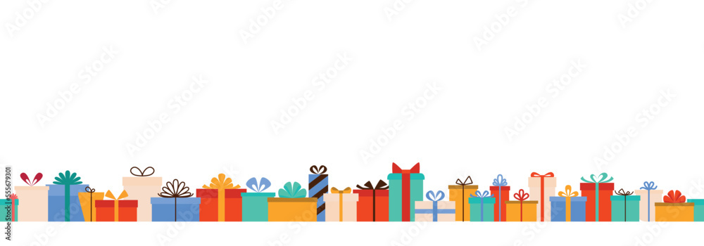 Seamless border with a multi-colored gift boxes with bows. Vector illustration in modern flat style isolated on white background