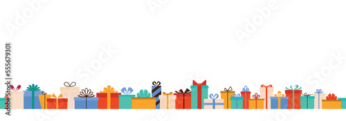 Seamless border with a multi-colored gift boxes with bows. Vector illustration in modern flat style isolated on white background