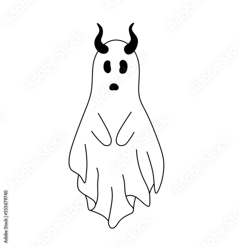 Vector isolated devil ghost under white sheet with horns colorless black and white contour line easy drawing