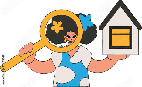 Real estate realtor woman holding house and magnifying glass. Home ownership.