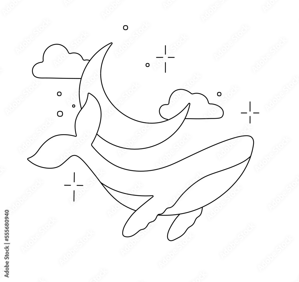 Stars Colorless Vector isolated whale swimming in cosmos space sky with crescent moon ...