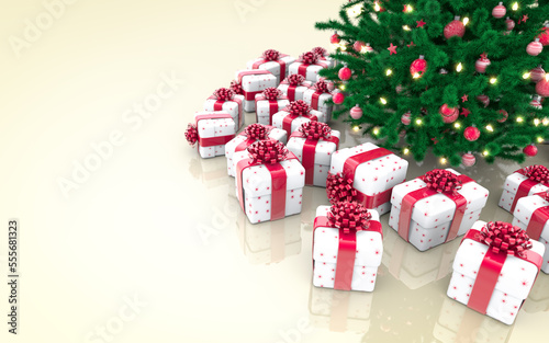Gift boxes and decorated Christmas tree with sparkling light garland, balls and stars