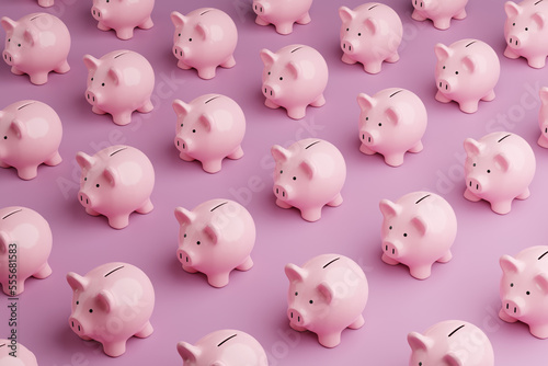 Array of pink piggy banks on pink background. Illustration of the concept of personal savings and financial investment photo