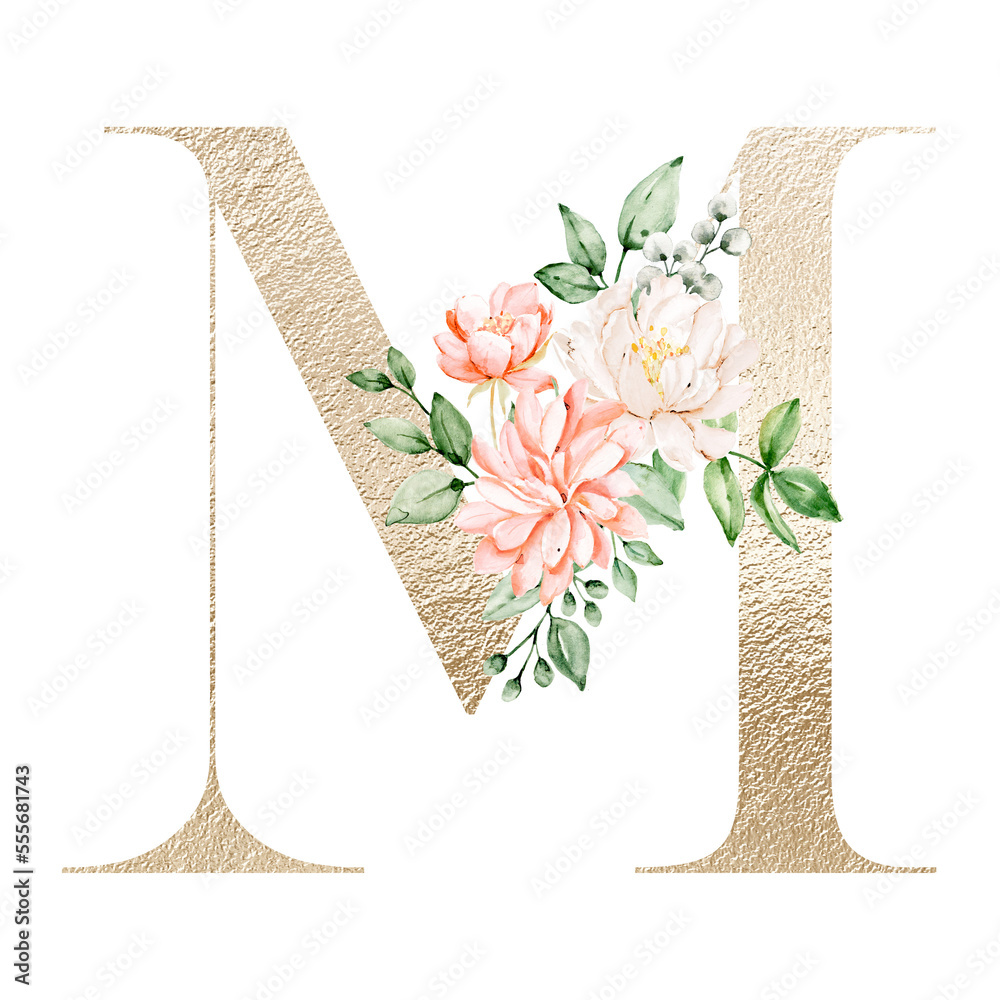 Floral alphabet, gold letter M with watercolor flowers and leaf ...