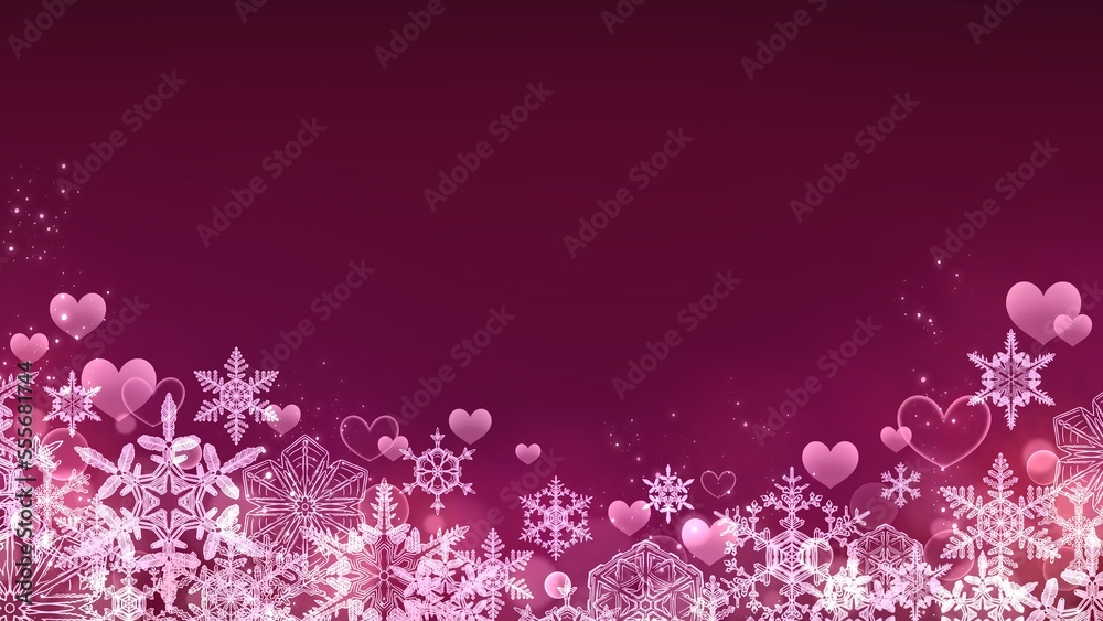 美しい雪の結晶とハートの赤い背景素材