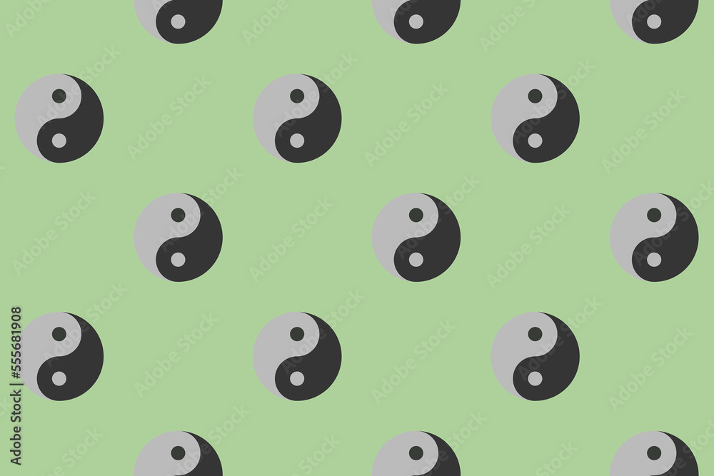 Seamless pattern. Image of Yin Yang symbol on pastel yellow green backgrounds. Symbol of opposite. Surface overlay pattern. Horizontal image. 3D image. 3D rendering. Seamless pattern. Image of Yin Yang symbol on pastel yellow green backgrounds. Symbol of opposite. Surface overlay pattern. Horizontal image. 3D image. 3D rendering.