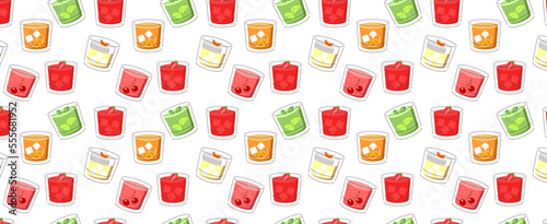 pattern with cocktails collection, alcoholic and non-alcoholic summer drinks with ice cubes of lemon, lime, and mint. Whiskey with ice, tequila, vodka, sambuca, mojito. Vector illustration