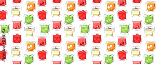 pattern with cocktails collection, alcoholic and non-alcoholic summer drinks with ice cubes of lemon, lime, and mint. Whiskey with ice, tequila, vodka, sambuca, mojito. Vector illustration