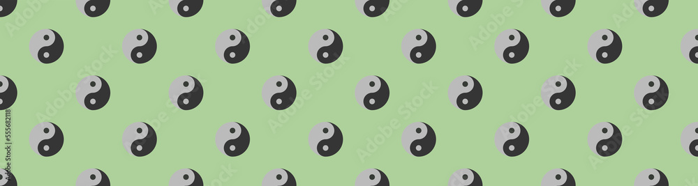 Seamless pattern. Image of Yin Yang symbol on pastel yellow green backgrounds. Symbol of opposite. Surface overlay pattern. Horizontal image. Banner for insertion into site. 3D image. 3D rendering. Seamless pattern. Image of Yin Yang symbol on pastel yellow green backgrounds. Symbol of opposite. Surface overlay pattern. Horizontal image. Banner for insertion into site. 3D image. 3D rendering.