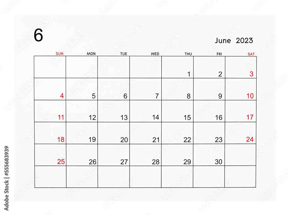 A june 2023 calendar page isolated on white background saved clipping