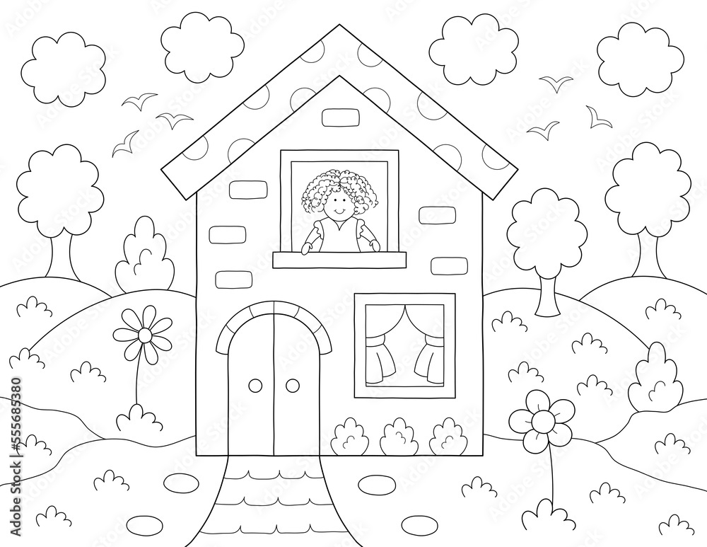 cute girl at home, mountains and trees coloring page for kids