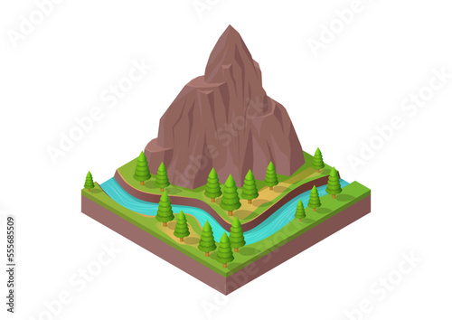 mountain with river and trees