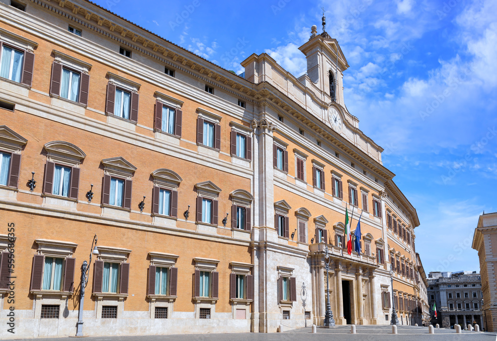 Facade of Montecitorio Palace (Palazzo Montecitorio) in Rome: it's the seat of the Chamber of Deputies, one of Italy’s two houses of parliament.