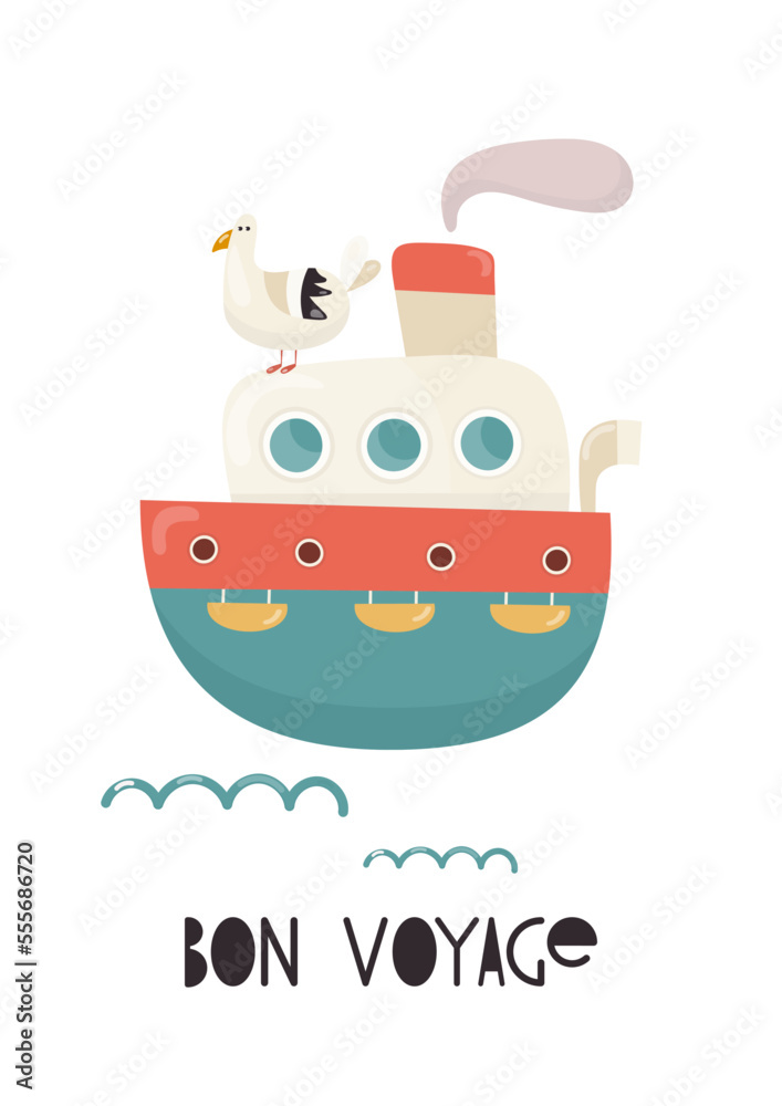 Obraz premium Nautical Nursery Wall Art Cute Poster with Cartoon Ship