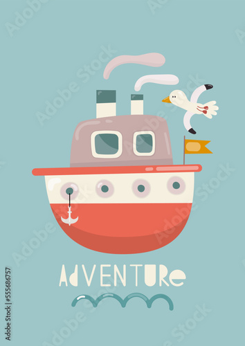 Nautical Nursery Wall Art Cute Poster with Cartoon Ship and Seagull