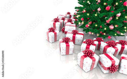 Gift boxes and Decorated Christmas tree with sparkling light garland, balls and stars isolated on white background