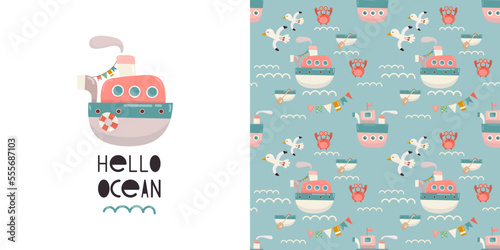 Nautical Print Card and Seamless Pattern for Kids Fabric