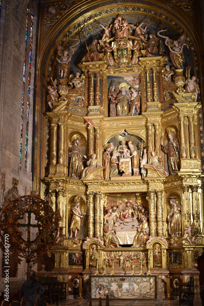 Palma de Mallorca, Spain - 10 Nov 2022: Gold Altar decor in the Palma Seo Cathedral Basilica