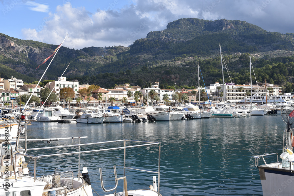 Port de Soller, Mallorca, Spain - 11 Nov 2022: Harbour views in the bay of Port de Soller