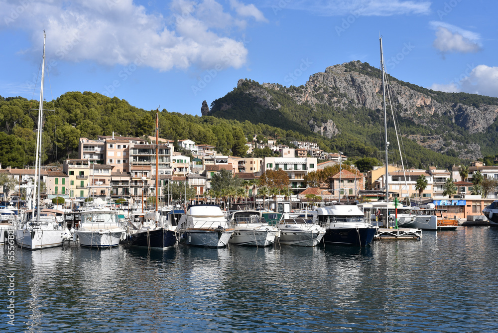 Port de Soller, Mallorca, Spain - 11 Nov 2022: Harbour views in the bay of Port de Soller