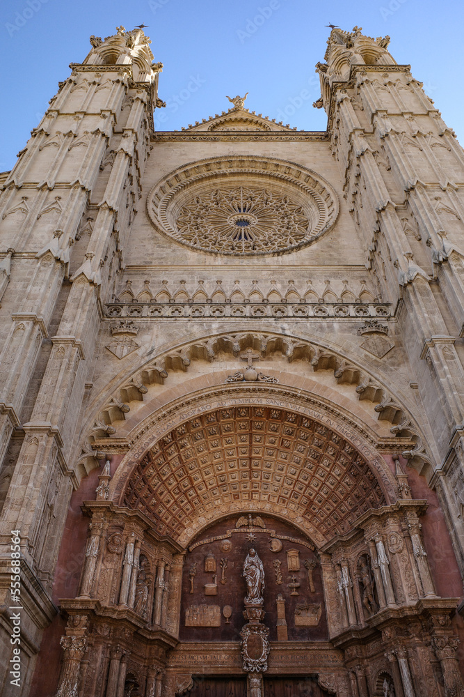 Palma de Mallorca, 7 Nov 2022: Entrance door to the Cathedral Basilica of Santa Maria de Mallorca